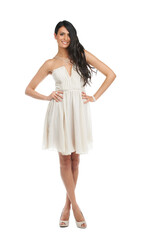 Portrait, confident and happy woman in dress for fashion in studio isolated on a white background mockup. Smile, model and person in formal clothes, elegant and trendy style for party, prom or event