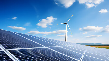 Solar panels and wind turbines against blue sky with clouds background. Renewable Energy Concept