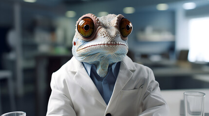 Close up of a lizard in scientist getup , a chameleon in a doctor's dress 