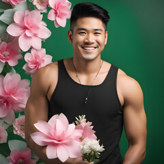 Asian Man Wearing Black Sleeveless Shirt Holding Flowers with Green and Flowers Background