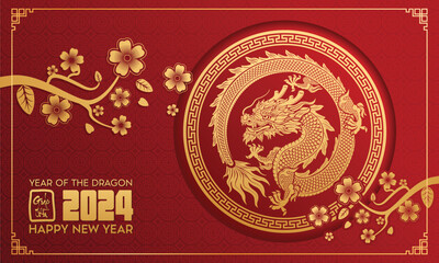 2024 Chinese new year, year of the dragon banner template design with dragons, clouds and flowers background. ( translation: Happy new year ) - obrazy, fototapety, plakaty