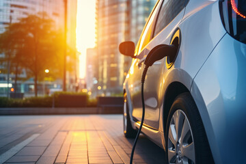 Naklejka premium Modern Electric Vehicle Charging at a City Station During Sunset with Urban Skyline in the Background