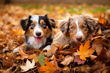 Dogs playing in piles of fallen leaves in a backyard