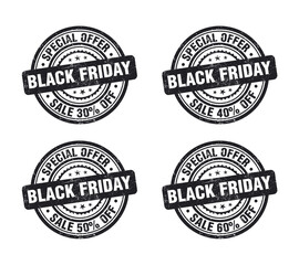 Black friday sale, black grunge stamp set. Sale 30, 40, 50, 60 percent off