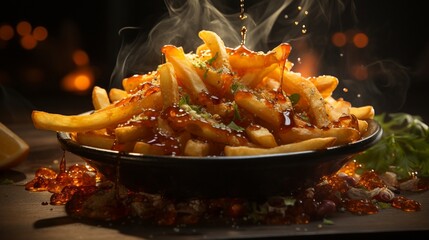 loaded fries in a bowl with a dark background