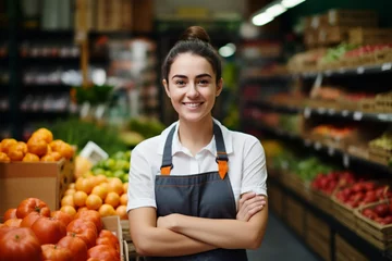 Foto op Canvas Portrait young woman worker seller in a Vegetable section supermarket standing in arms crossed, greengrocer female looking at camera in fruit shop market Employee in a work apron © alisaaa