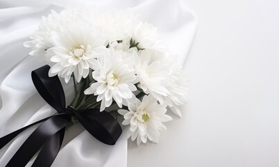 beautiful chrysanthemum flowers and black ribbon on white background, condolence card with copy space for text