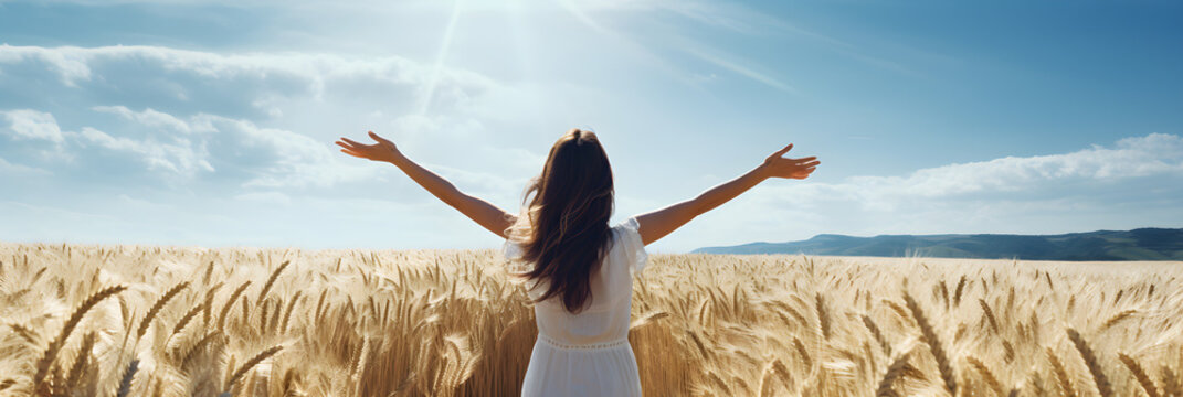 the woman with arms up is standing in a wheat field