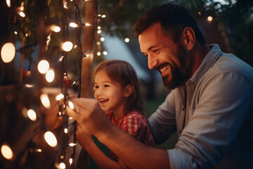 Proud Handsome Father Helping His Little Beautiful Daughter to Change a Lightbulb in Fairy Lights Backyard Installation at Home, Father and Daughter High Five and Celebrate Successful Fix