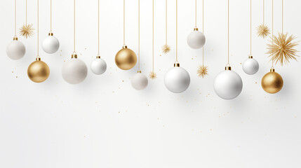 Białe świąteczne tło na życzenia lub baner z ozdobami bożonarodzeniowymi - bombki, gwiazdki, dekoracje choinkowe. Wesołych Świąt Bożego Narodzenia - obrazy, fototapety, plakaty