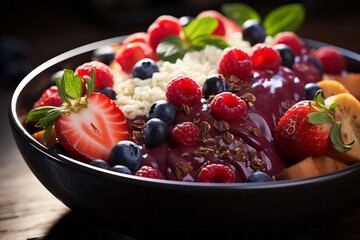 Concept of Healthy desserts. Summer fresh bowl with Fresh Mixed fruit salad. Healthy natural organic food.