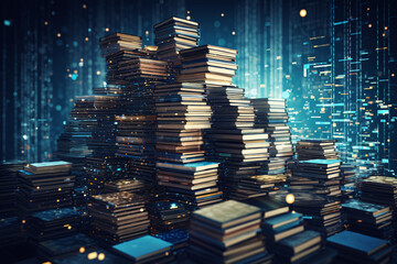Digital Data and Knowledge Concept with Piles of Books Surrounded by Virtual Code