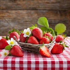 Strawberries in a basket on a red and white checkered tablecloth