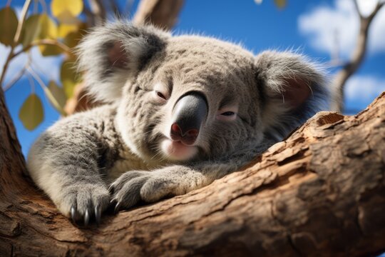 koala bear sleeping on a tree.