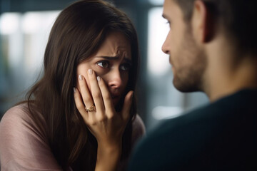 Sad Woman, Couple Arguing, Fighting, Cinematic Rack Focus Switching Between Girlfriend Closeup Portrait and Boyfriend Screaming in Background - obrazy, fototapety, plakaty