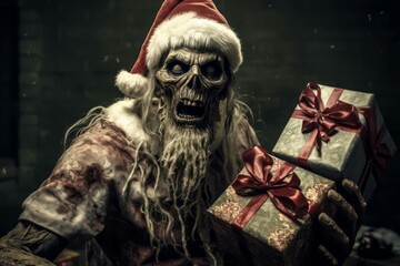 Horror zombie Santa Claus with gift box. Halloween and Christmas concept. - obrazy, fototapety, plakaty