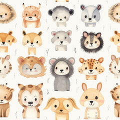 An Adorable Seamless Pattern of Watercolor Animal on Beige Background