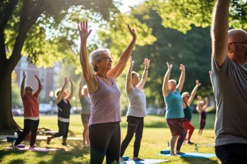 Senior sport enthusiasts exercising during a yoga workout class outdoors at a city park - Powered by Adobe