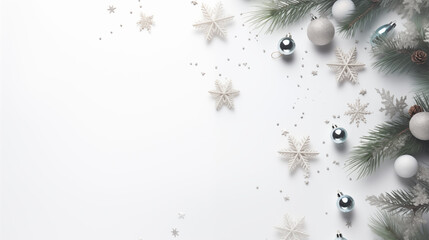 Białe świąteczne tło na życzenia lub baner z ozdobami bożonarodzeniowymi - bombki, gwiazdki, dekoracje choinkowe. Wesołych Świąt Bożego Narodzenia - 672673924