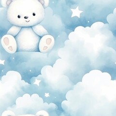 A watercolor seamless pattern of a white teddy bear sitting in the clouds.
