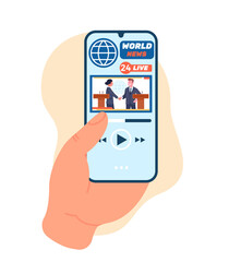 Hands holding smartphone with podcast or online news channel. Newsletter app. Mobile video player. Web press information. Digital newspaper application. Political deal. png concept