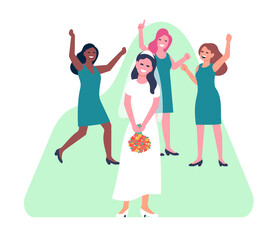 Bride throwing bouquet at wedding ceremony. Bridesmaids catching flowers. Marriage ritual. Romantic tradition. Holiday celebration. Friends group. Newlyweds congratulation. png concept