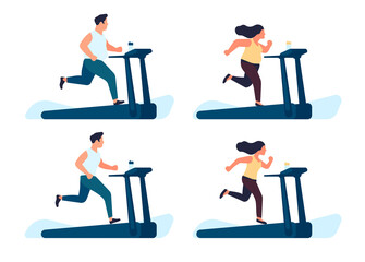 Fat man and woman running on treadmill. People training after losing weight. Gym exercises. Sport for slimming. Health lifestyle. Sportsman workout. Obese or slim body. png concept