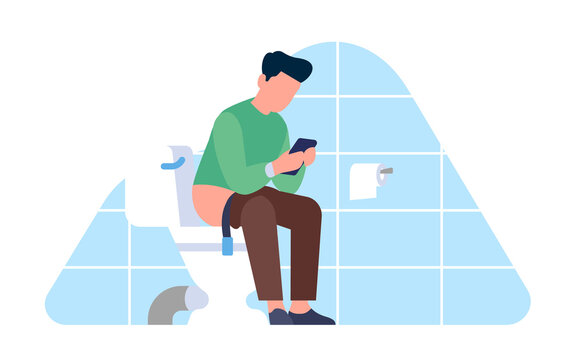 Man sits in home bathroom with cellphone and browses social media. Restroom privacy. Guy chatting by smartphone. Male on toilet seat. Person using phone in washroom. png concept