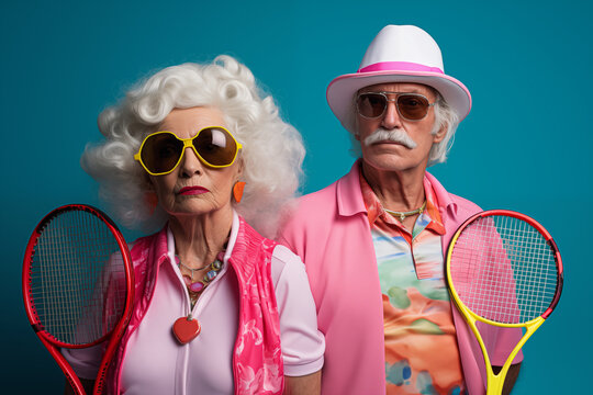 Vintage portrait of couple of retired cool senior, fashionable and crazy elegant hipsters with blue background and colorful clothes with tennis rackets