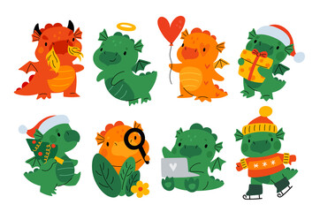 Cartoon dragons characters. Baby mythical animals. Cute New Year mascot. Dinos with gifts in sweaters or hats. Chinese horoscope symbol. Asian animal skiing or searching. Garish png set