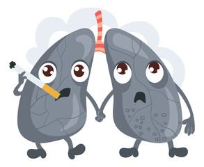 Cute lungs character. Cartoon gray internal organs smoking cigarette. Unhealthy lifestyle. Nicotine addiction. Pulmonary disease. Harmful habit. Smoke inhalation. png illustration