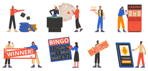 Cartoon gambling players. People play gamble. Bets and bingo lottery victory. Online games. Casino visitors win and lose. Happy men and women winners with big checks. png gamblers set