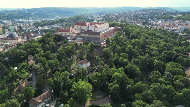 Panoramic view from the drone on the city Brno. Czech Republic. Above view of medieval castle Spilberk. City of Brno. South Moravian region.