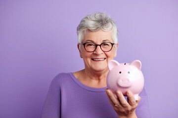 Senior woman holding piggy bank on lilac background