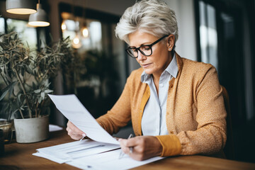 Senior woman filling out financial statements