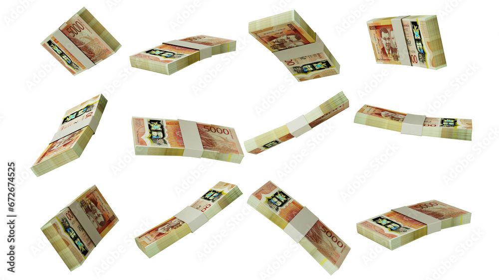 Aufkleber 3D rendering of  stacks of 5000 Jamaican dollar notes flying in different angles and orientations isolated on transparent background