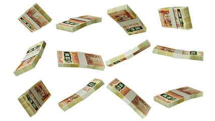 3D rendering of  stacks of 5000 Jamaican dollar notes flying in different angles and orientations isolated on transparent background - obrazy, fototapety, plakaty