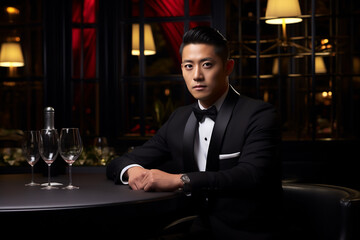 Portrait of asian businessman in suit having a drink at bar