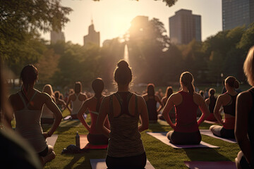 sport enthusiasts exercising during a yoga workout class outdoors at a city park - obrazy, fototapety, plakaty