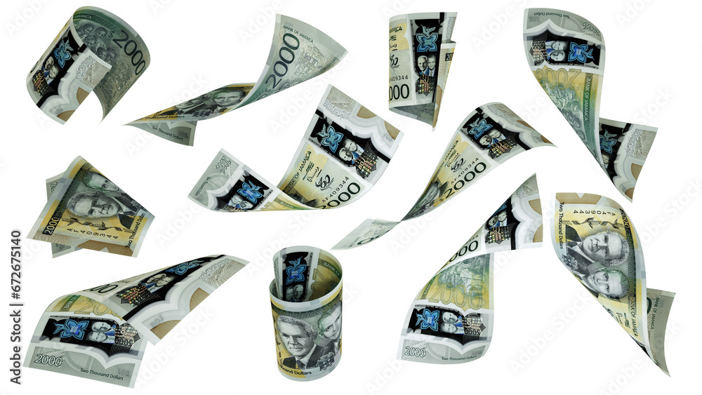Aufkleber 3D rendering of 2000 Jamaican dollar notes flying in different angles and orientations isolated on transparent background