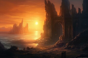 gothic ruins against a rising sun. Generative AI