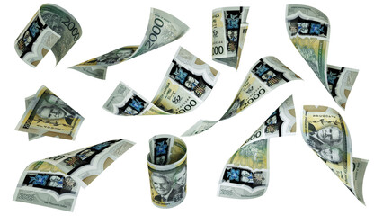 3D rendering of 2000 Jamaican dollar notes flying in different angles and orientations isolated on transparent background