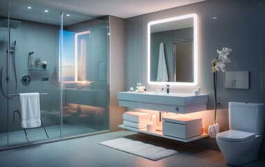 Fototapeta na wymiar Sophisticated white theme minimal Bathroom Transformation