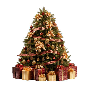 Christmas Tree with Gifts Isolated on Transparent or White Background, PNG