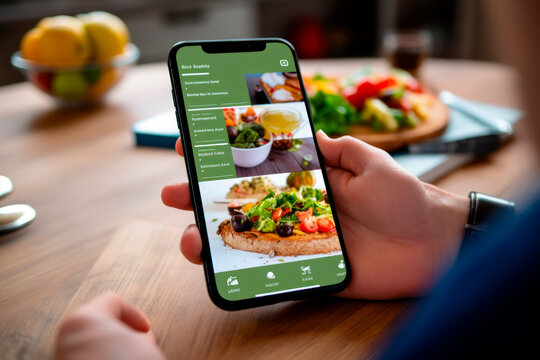 hand with a mobile phone looking at a healthy food application