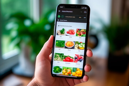 hand with a mobile phone looking at a healthy food application