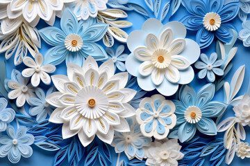 Paper flowers and leaves  background. 3D illustration. Top view.