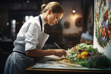 Female chef is preparing dishes in restaurant