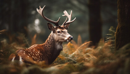 A majestic stag stands in the forest, surrounded by beauty generated by AI