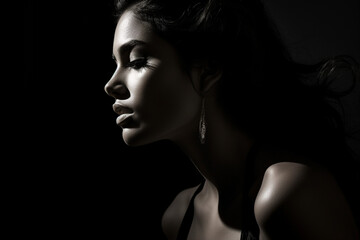 side view of dark portrait of a latin woman on black background, black and white
